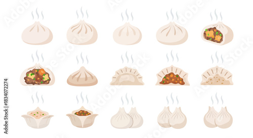 Assorted Steaming Dumplings - Variety of Asian Cuisine with Filling and Dough.