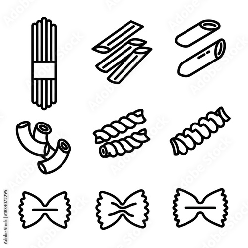 Assortment of Black and White Line Art Pasta Shapes, Isolated on White Background.