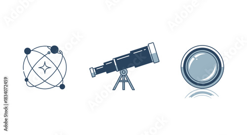 Astronomy Icons - Telescope, Lens, and Celestial Sphere Illustration.