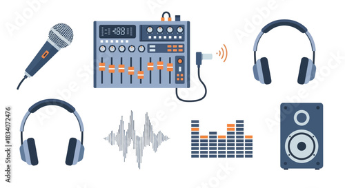 Audio Equipment Set - Microphone, Mixer, Headphones, Speaker, and Sound Waves.