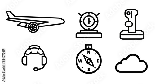 Aviation Icons Set - Plane, Altimeter, Joystick, Headset, Compass, Cloud.