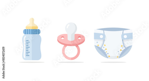 Baby Essentials - Bottle, Pacifier, and Diaper Illustration.