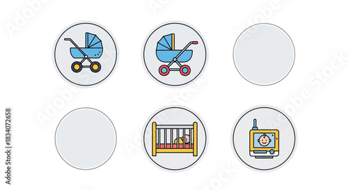 Baby Icons - Stroller, Crib, and Television Set for Nursery Decor.