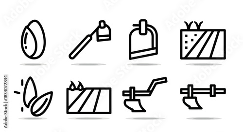 Agricultural Icons - Seeds, Tools, and Cultivated Land in Simple Line Art.