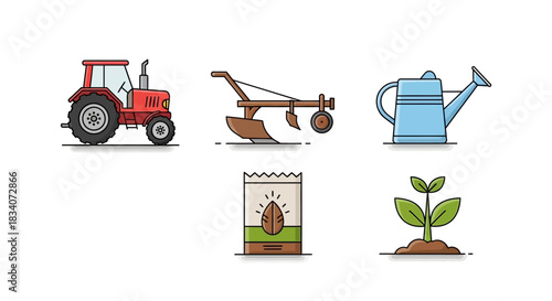 Agricultural Icons Set - Tractor, Plow, Watering Can, Seeds, and Sprout.
