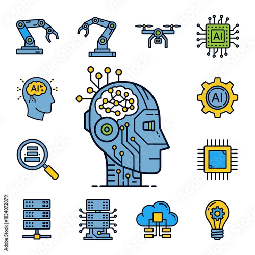 AI Technology Icons - Robot Head, Robotic Arms, Drone, Chip, Gear, Cloud, Server, Bulb.