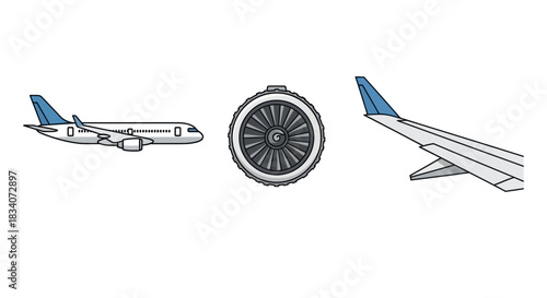 Airplane Parts - Full Plane, Engine, and Wing Illustration.