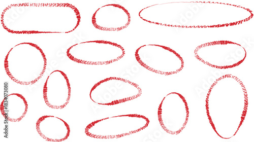 Red Hand-Drawn Marker Circle / Oval Set - Scribble circle pattern | transparent and white bg