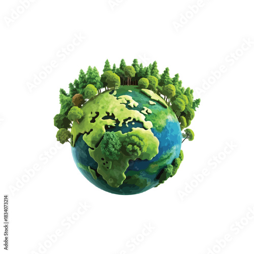 Vibrant green planet Earth covered in lush trees, symbolizing ecological balance and environmental awareness with a clean, crisp aesthetic