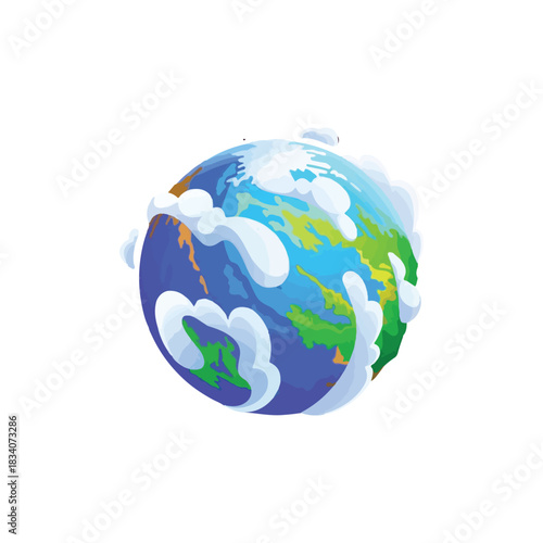 Vibrant cartoon Earth icon with fluffy white clouds encircling a colorful globe, symbolizing global unity and environmental care through digital illustration
