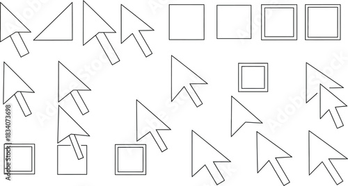 Collection of hand drawn arrow cursor icons and simple rectangle shapes in a sketchy outline style for digital design and web interface elements