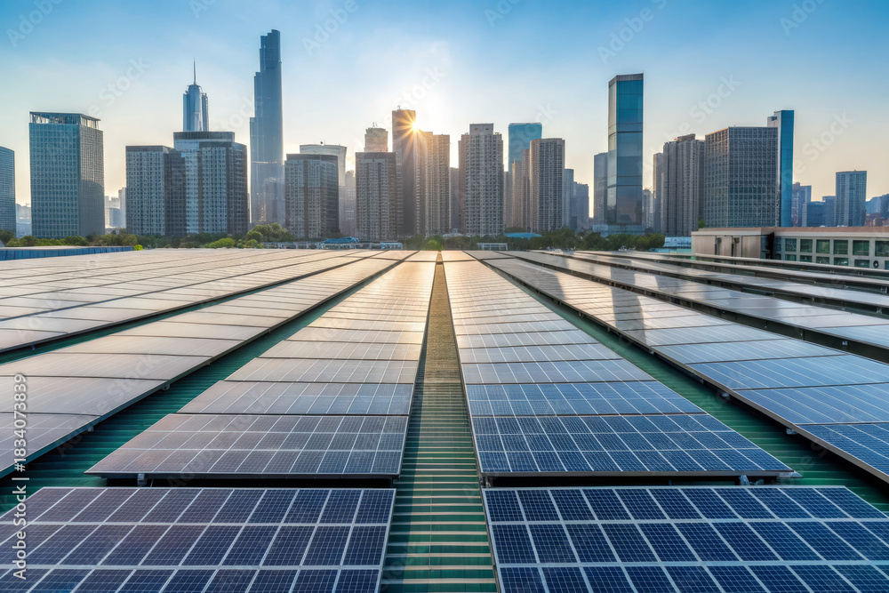 Obraz premium Solar panel rooftop city skyline sunrise renewable energy urban sustainability green roof photovoltaic clean power inspire progress across modern cityscape with sun flare, symmetry, and hopeful