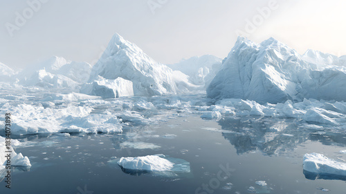 A dense pack of icebergs floating in the calm Arctic ocean