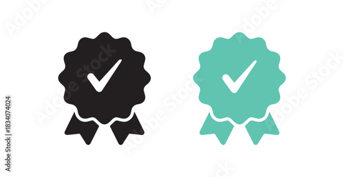 Premium Warranty Badge Icon Vector Illustration. Features an Award Medal Symbol with a Black Ribbon and Approved Badge sign. Essential graphic for Certification, Quality Guarantee, Trust, and Product