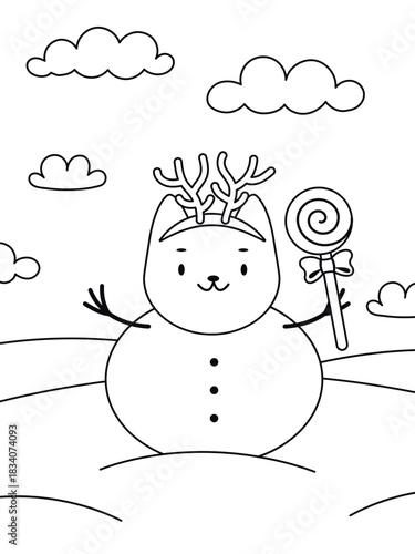 Snowman coloring page for kids. Simple winter outline with festive details. Printable for holiday fun, education, and family activities. Vector illustration