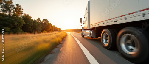 Truck drives along highway at sunset, showcasing motion and speed with blurred surroundings. warm light creates serene atmosphere