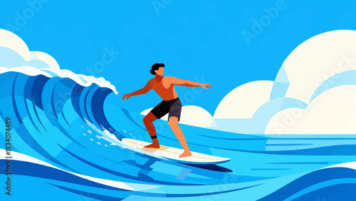 This vibrant illustration shows a young male surfer riding a large turquoise wave under a sunny blue sky, with water splashing around, capturing the energy and excitement of summer surfing.