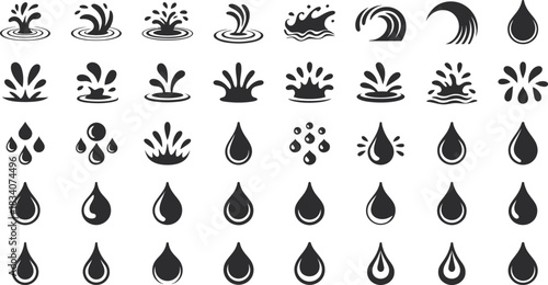 Water splash and drop icons set, liquid wave symbols collection, black water droplet shapes, flat vector illustration isolated on white