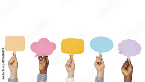 Diverse hands hold colorful empty speech bubbles