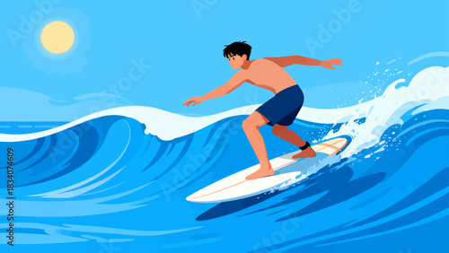 This vibrant illustration shows a young male surfer riding a large turquoise wave under a sunny blue sky, with water splashing around, capturing the energy and excitement of summer surfing.