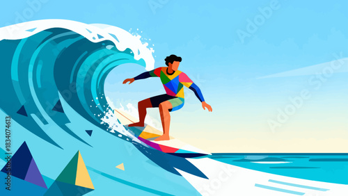 This vibrant illustration shows a young male surfer riding a large turquoise wave under a sunny blue sky, with water splashing around, capturing the energy and excitement of summer surfing.