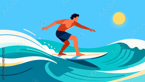 This vibrant illustration shows a young male surfer riding a large turquoise wave under a sunny blue sky, with water splashing around, capturing the energy and excitement of summer surfing.