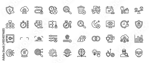 Cybersecurity and data protection line icon set. Vector pictograms of shield, cloud, lock, key, safe, and password, thin linear illustration.