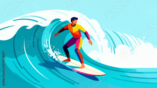 This vibrant illustration shows a young male surfer riding a large turquoise wave under a sunny blue sky, with water splashing around, capturing the energy and excitement of summer surfing.