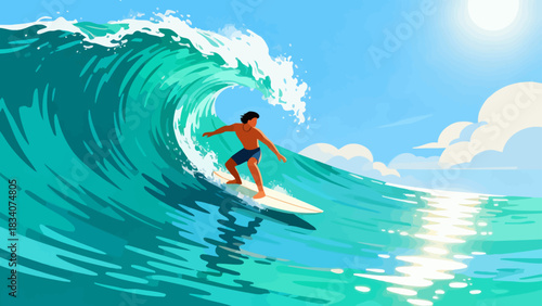 This vibrant illustration shows a young male surfer riding a large turquoise wave under a sunny blue sky, with water splashing around, capturing the energy and excitement of summer surfing.