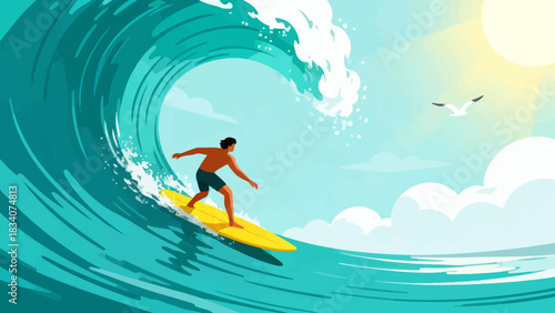 This vibrant illustration shows a young male surfer riding a large turquoise wave under a sunny blue sky, with water splashing around, capturing the energy and excitement of summer surfing.