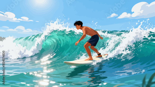This vibrant illustration shows a young male surfer riding a large turquoise wave under a sunny blue sky, with water splashing around, capturing the energy and excitement of summer surfing.