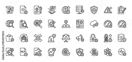 Governance, risk, and compliance line icon set. Vector pictograms of document, gear, protection, analytics, and data, thin linear illustration.