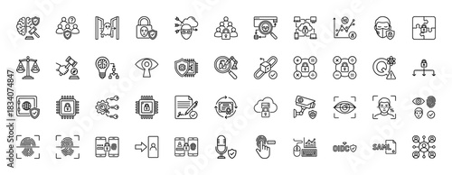 Cybersecurity and digital security line icon set. Vector pictograms of authentication, encryption, firewall, and data privacy, thin linear illustration.
