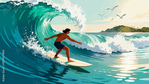 This vibrant illustration shows a young male surfer riding a large turquoise wave under a sunny blue sky, with water splashing around, capturing the energy and excitement of summer surfing.