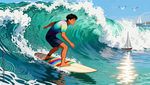 This vibrant illustration shows a young male surfer riding a large turquoise wave under a sunny blue sky, with water splashing around, capturing the energy and excitement of summer surfing.