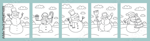 Snowman coloring page for kids. Simple winter outline with festive details. Printable for holiday fun, education, and family activities. Vector illustration