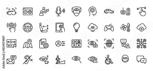 Automotive and smart technology line icon set. Vector pictograms of virtual reality, driving, voice control, and biometrics, thin linear illustration.
