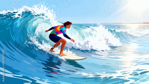 This vibrant illustration shows a young male surfer riding a large turquoise wave under a sunny blue sky, with water splashing around, capturing the energy and excitement of summer surfing.