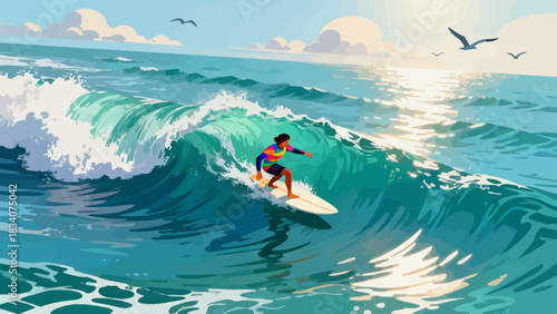 This vibrant illustration shows a young male surfer riding a large turquoise wave under a sunny blue sky, with water splashing around, capturing the energy and excitement of summer surfing.