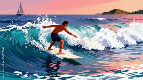 This vibrant illustration shows a young male surfer riding a large turquoise wave under a sunny blue sky, with water splashing around, capturing the energy and excitement of summer surfing.
