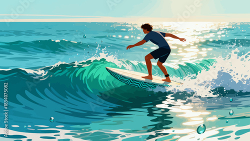 This vibrant illustration shows a young male surfer riding a large turquoise wave under a sunny blue sky, with water splashing around, capturing the energy and excitement of summer surfing.