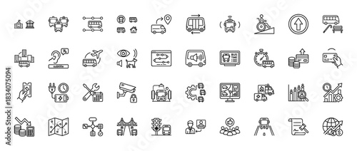 Smart public transportation line icon set. Vector pictograms of bus stops, travel routes, payment methods, and logistics, thin linear illustration.