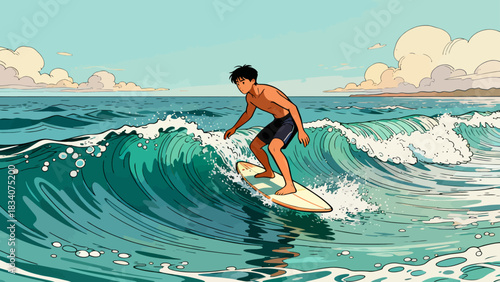 This vibrant illustration shows a young male surfer riding a large turquoise wave under a sunny blue sky, with water splashing around, capturing the energy and excitement of summer surfing.