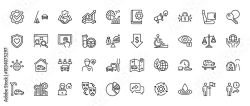 Transportation and business line icon set. Vector pictograms of car check, financial graph, wheelchair ramp, and global security, thin linear illustration.