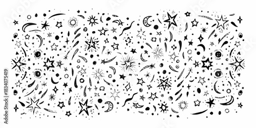 Black and white hand drawn star and moon doodle pattern