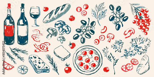 Hand drawn italian food and wine illustration with red and blue accents