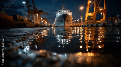 A docked shipping vessel illuminated by glowing lights, its reflection shimmering on calm waters, creating a serene yet industrial atmosphere, capturing the essence of nighttime maritime operations.