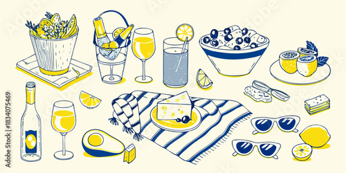 Summer picnic still life illustration with food drinks and accessories in yellow and blue