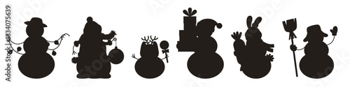Snowman silhouettes in cartoon style. New Year and winter motifs with minimalist outlines. Perfect for prints, decor, and digital projects.Vector illustration