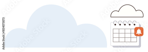 Large cloud and calendar with notification bell, symbolizing cloud storage, reminders, and digital organization. Ideal for productivity, scheduling, alerts, technology, cloud computing time